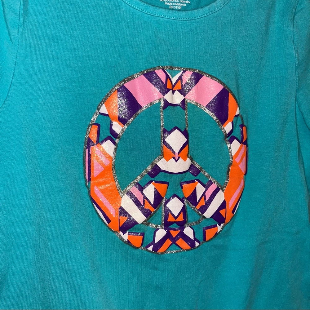 J. Khaki Teal Kids Tee with Colorful Peace Sign Youth Large - Picture 2 of 4